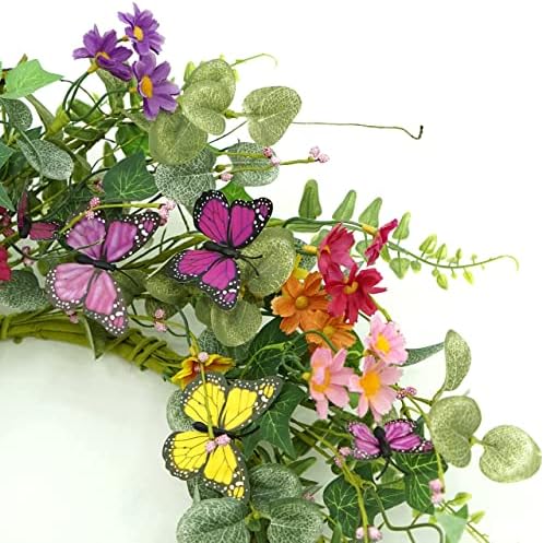 20" Artificial Spring Summer Wreath with Fake Butterflies, Eucalyptus Leaves, Daisy, Dry Vine Branches, Fern, alternate view