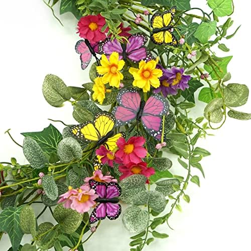 20" Artificial Spring Summer Wreath with Fake Butterflies, Eucalyptus Leaves, Daisy, Dry Vine Branches, Fern, alternate view