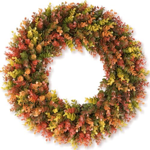 20" Fall Boxwood Wreath for Front Door, Artificial Autumn Wreath with Detachable Hello Sign, Foldable Waterproof