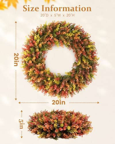 20" Fall Boxwood Wreath for Front Door, Artificial Autumn Wreath with Detachable Hello Sign, Foldable Waterproof, alternate