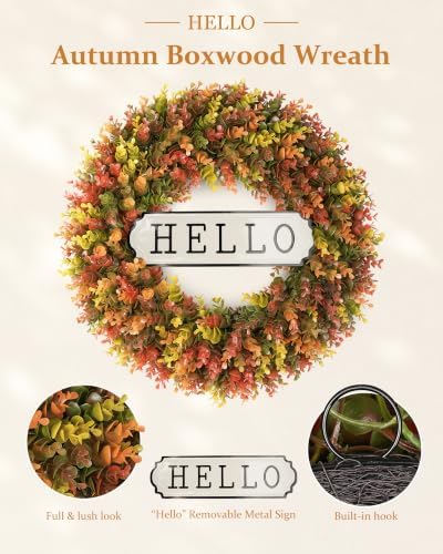 20" Fall Boxwood Wreath for Front Door, Artificial Autumn Wreath with Detachable Hello Sign, Foldable Waterproof, alternate