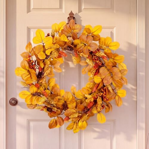 20" Fall Wreath for Front Door Autumn Leaves Harvest Hops Leaf Wreath in Orange