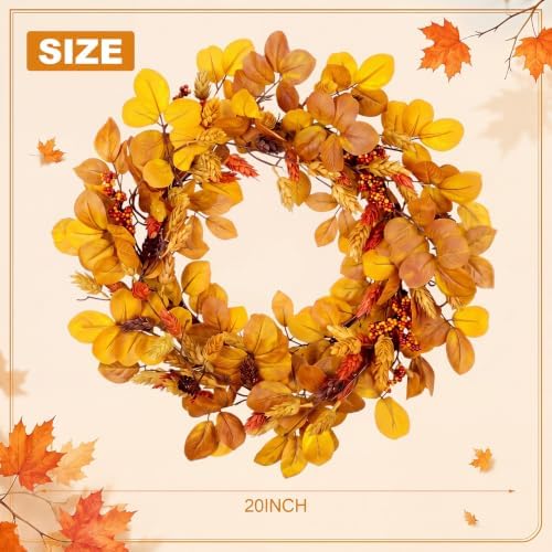 20" Fall Wreath for Front Door Autumn Leaves Harvest Hops Leaf Wreath in Orange, alternate view 2