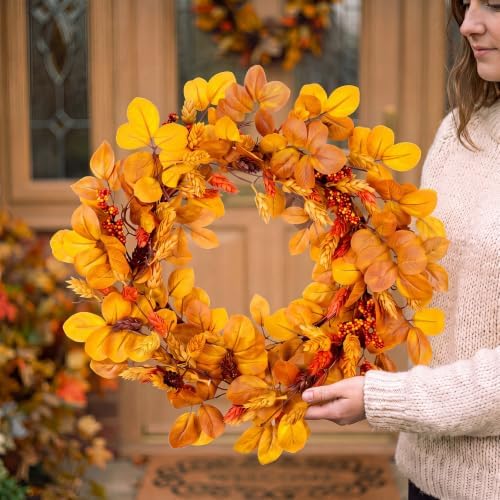 20" Fall Wreath for Front Door Autumn Leaves Harvest Hops Leaf Wreath in Orange, alternate view 3