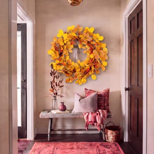 20" Fall Wreath for Front Door Autumn Leaves Harvest Hops Leaf Wreath in Orange, alternate view 4