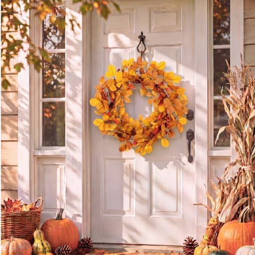 20" Fall Wreath for Front Door Autumn Leaves Harvest Hops Leaf Wreath in Orange, alternate view 5