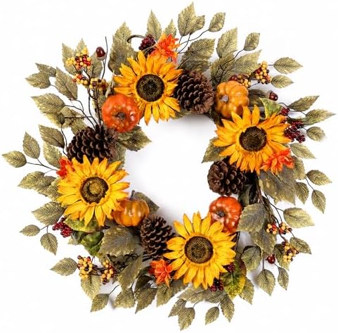 20" Fall Wreath Front Door Pumpkin Sunflower Pine Cones Wall Decor