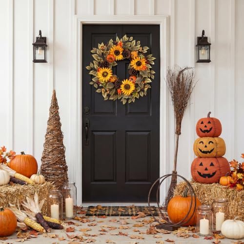 20" Fall Wreath Front Door Pumpkin Sunflower Pine Cones Wall Decor, alternate view 2