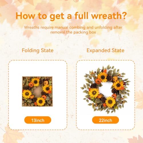 20" Fall Wreath Front Door Pumpkin Sunflower Pine Cones Wall Decor, alternate view 3