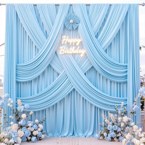 20 ft x 10 ft Wrinkle Free Baby Blue Backdrop Curtains for Parties, 4 Panels 5 ft x 10 ft Polyester Light Blue, alternate