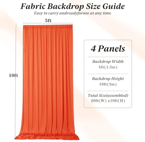 20 ft x 10 ft Wrinkle Free Orange Backdrop Curtain for Parties, 4 Panels 10ft Polyester Orange Photo Backdrop, alternate view