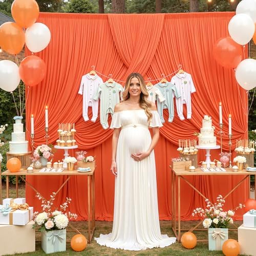 20 ft x 10 ft Wrinkle Free Orange Backdrop Curtain for Parties, 4 Panels 10ft Polyester Orange Photo Backdrop, alternate view