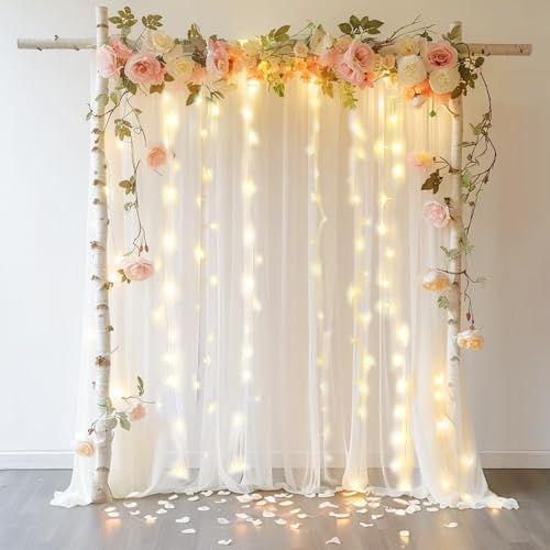 20 FT x 8 FT White Backdrop Curtain - Tulle Backdrop Curtain with 9.8FT Lights String - Sheer Backdrop Curtains
