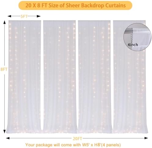 20 FT x 8 FT White Backdrop Curtain - Tulle Backdrop Curtain with 9.8FT Lights String - Sheer Backdrop Curtains, alternate