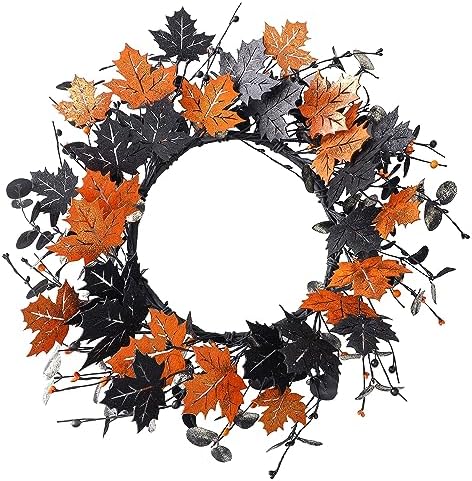 20" Halloween Wreath for Front Door, Golden and Black Maple Leaves