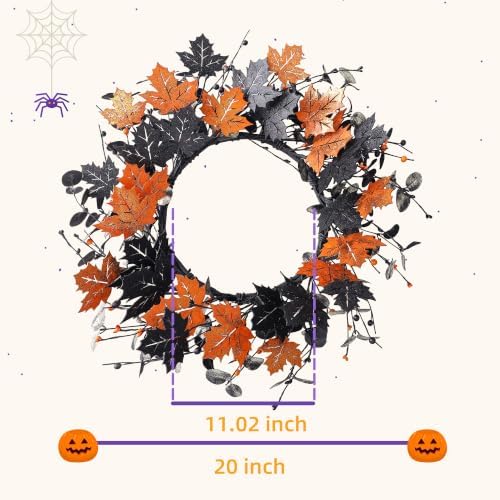 20" Halloween Wreath for Front Door, Golden and Black Maple Leaves, alternate view 3