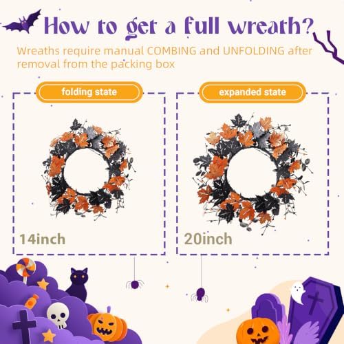 20" Halloween Wreath for Front Door, Golden and Black Maple Leaves, alternate view 4