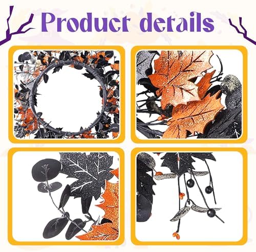20" Halloween Wreath for Front Door, Golden and Black Maple Leaves, alternate view 5