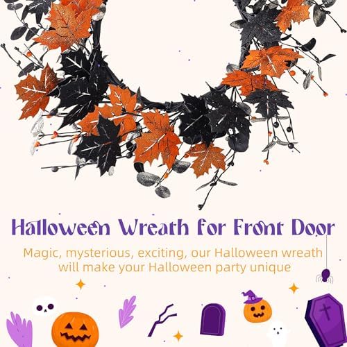 20" Halloween Wreath for Front Door, Golden and Black Maple Leaves, alternate view 6