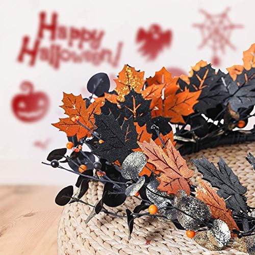 20" Halloween Wreath for Front Door, Golden and Black Maple Leaves, alternate view 7