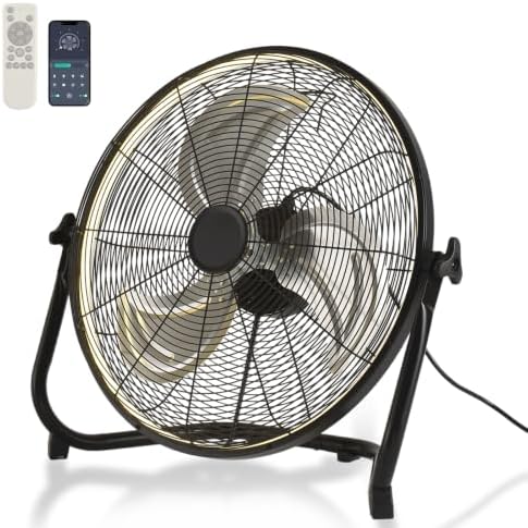 20" High Velocity Metal Floor Fan with Light,6-Speed Plug-in Fan with Remote & APP, Industrial Fan with Rear