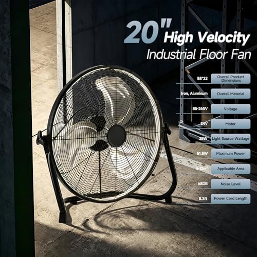 20" High Velocity Metal Floor Fan with Light,6-Speed Plug-in Fan with Remote & APP, Industrial Fan with Rear, alternate view