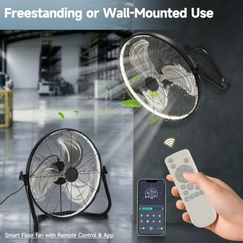 20" High Velocity Metal Floor Fan with Light,6-Speed Plug-in Fan with Remote & APP, Industrial Fan with Rear, alternate view