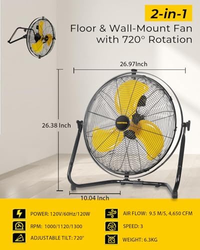 20 Inch 2-in-1 Floor Fan Wall Mounted Fan, High Velocity Industrial Fans, Shop Fan 720 Degrees Tilting for, alternate view 2
