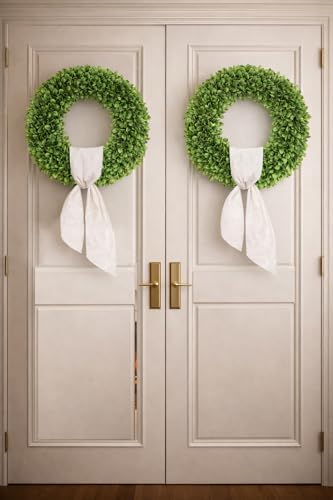 20 inch Artificial Boxwood Wreath for Front Door, Greenery Spring Summer Wreath for All Seasons with Sash, St, alternate view
