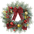 20 Inch Artificial Christmas Wreath for Front Door with Pine Needles Red Berries Pine Cones Buffalo Plaid Bow