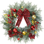20 Inch Artificial Christmas Wreath for Front Door with Pine Needles Red Berries Pine Cones Buffalo Plaid Bow