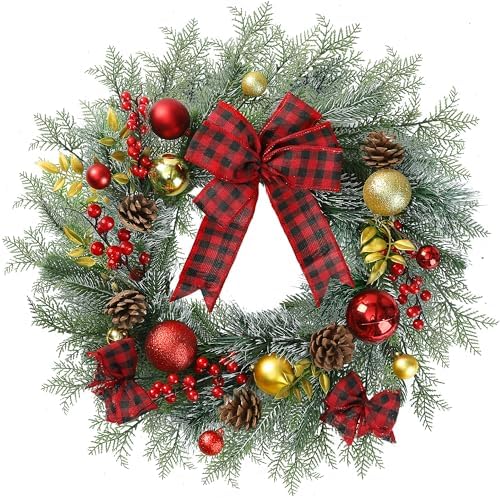 20 Inch Artificial Christmas Wreath for Front Door with Pine Needles Red Berries Pine Cones Buffalo Plaid Bow