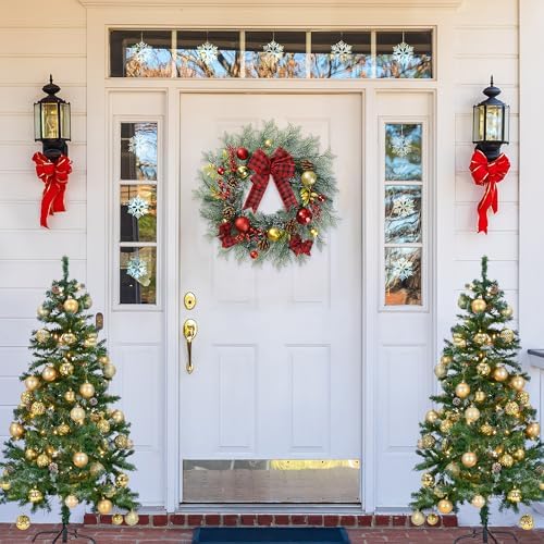 20 Inch Artificial Christmas Wreath for Front Door with Pine Needles Red Berries Pine Cones Buffalo Plaid Bow, alternate view