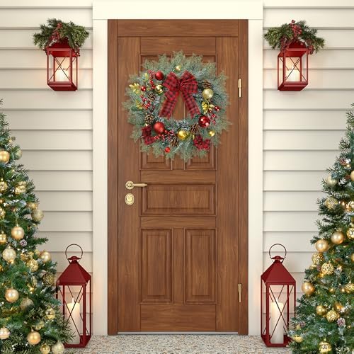 20 Inch Artificial Christmas Wreath for Front Door with Pine Needles Red Berries Pine Cones Buffalo Plaid Bow, alternate view