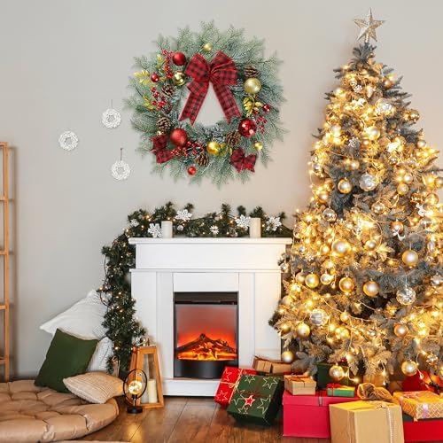 20 Inch Artificial Christmas Wreath for Front Door with Pine Needles Red Berries Pine Cones Buffalo Plaid Bow, alternate view
