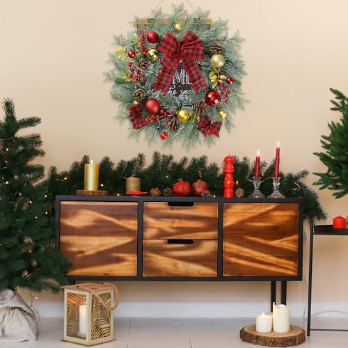 20 Inch Artificial Christmas Wreath for Front Door with Pine Needles Red Berries Pine Cones Buffalo Plaid Bow, alternate view