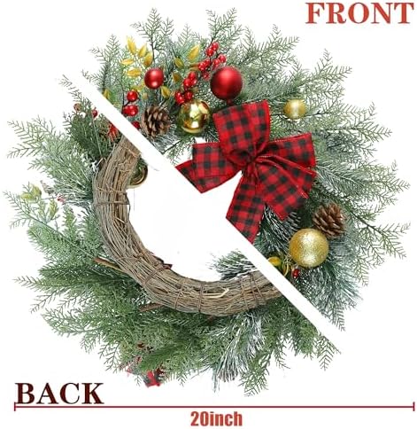 20 Inch Artificial Christmas Wreath for Front Door with Pine Needles Red Berries Pine Cones Buffalo Plaid Bow, alternate view