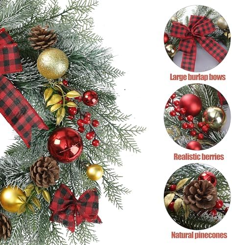 20 Inch Artificial Christmas Wreath for Front Door with Pine Needles Red Berries Pine Cones Buffalo Plaid Bow, alternate view