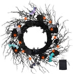 20 Inch Black Twig Halloween Wreath with 30 Orange LEDs and 6 Bats in 20"-iridescent Bats