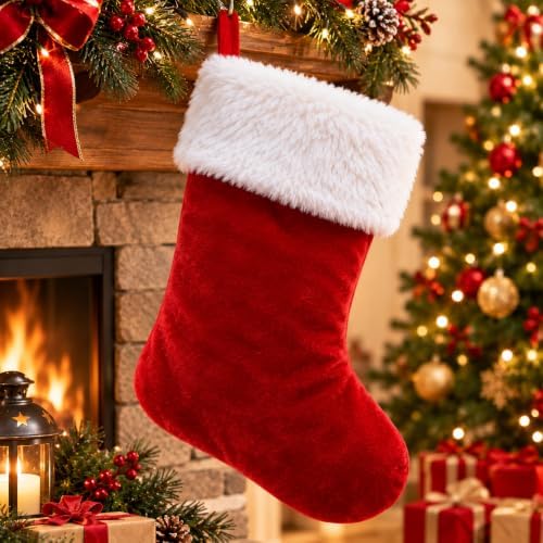 20 Inch Christmas Stockings Decorations: Classic Plain Red White Velvet Cotton Plush - Handmade Decor for