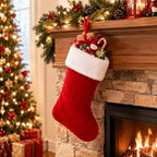 20 Inch Christmas Stockings Decorations: Classic Plain Red White Velvet Cotton Plush - Handmade Decor for, alternate view 4