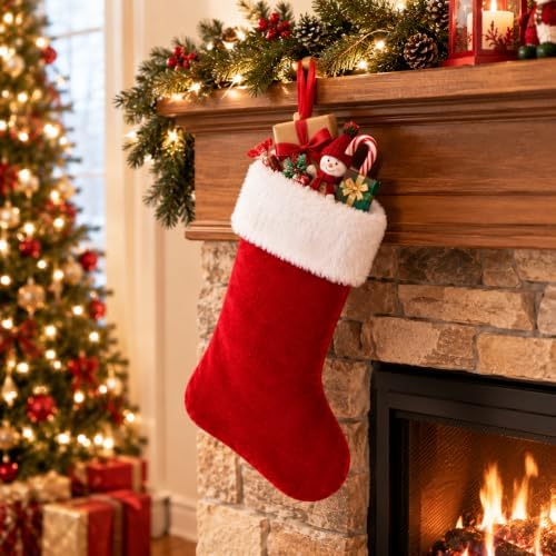 20 Inch Christmas Stockings Decorations: Classic Plain Red White Velvet Cotton Plush - Handmade Decor for, alternate view 4