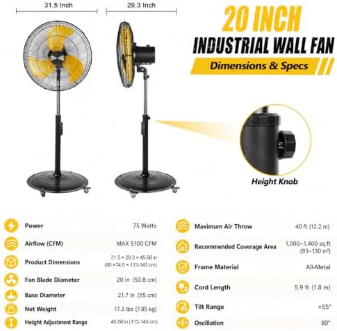 20 Inch DC Motor Pedestal Fan, Energy Efficient & Quiet 5100 CFM High Velocity Oscillating Standing Fan with, alternate view