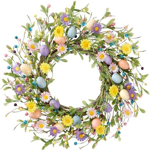 20 Inch Easter Wreath Spring Wreath Artificial Flower with Colorful Eggs Daisies Berries Eucalyptus Leaves for