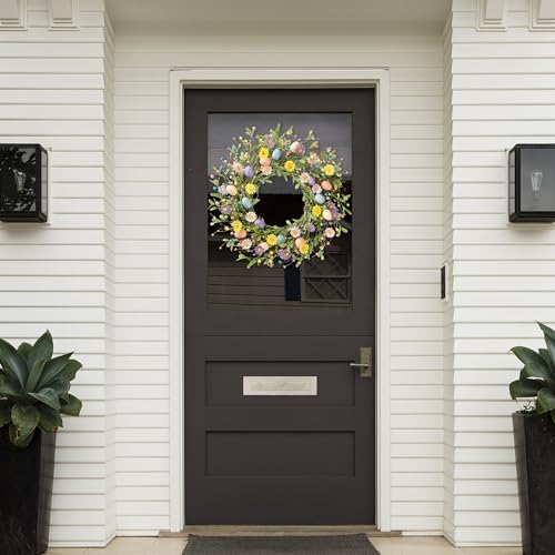 20 Inch Easter Wreath Spring Wreath Artificial Flower with Colorful Eggs Daisies Berries Eucalyptus Leaves for, alternate