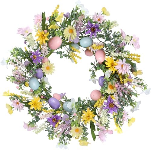 20 Inch Easter Wreath with Spring Artificial Flower Colorful Eggs Daisies Lavender Eucalyptus Leaves for Front