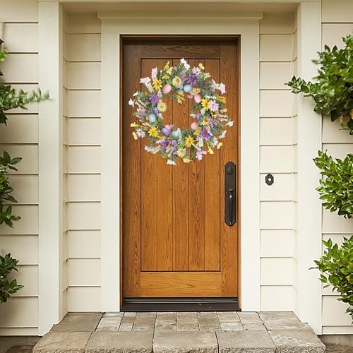 20 Inch Easter Wreath with Spring Artificial Flower Colorful Eggs Daisies Lavender Eucalyptus Leaves for Front, alternate