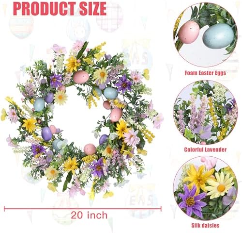 20 Inch Easter Wreath with Spring Artificial Flower Colorful Eggs Daisies Lavender Eucalyptus Leaves for Front, alternate
