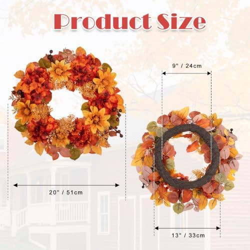20 Inch Fall Orange Wreaths for Front Door Outside Autumn Wreath, alternate view 3