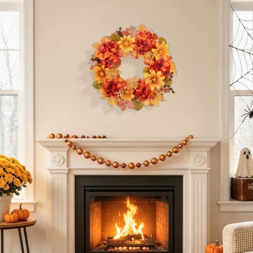 20 Inch Fall Orange Wreaths for Front Door Outside Autumn Wreath, alternate view 5